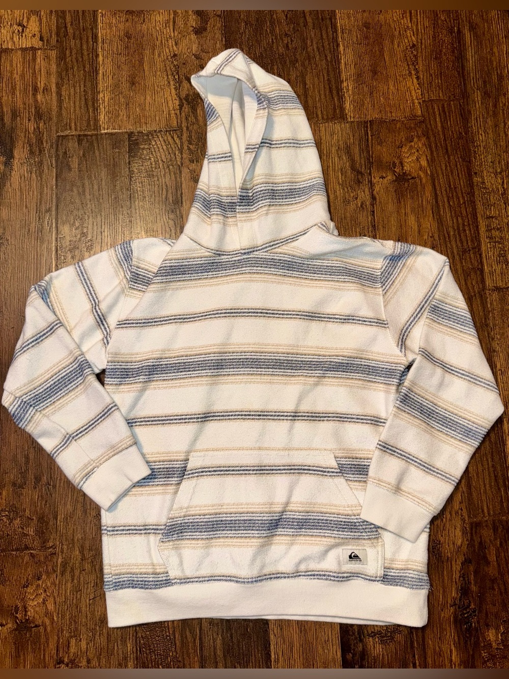 Quiksilver Hooded Sweater in White with Blue & Tan Stripes Kids Size L